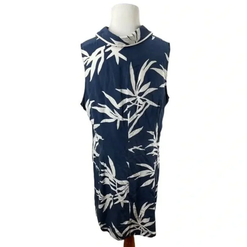 100% Silk Sully Bonnelly Navy Blue and White Floral Sheath Dress. Size 18W - Picture 2 of 5